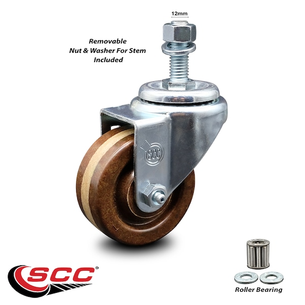 3 Inch High Temp Phenolic Wheel Swivel 12mm Threaded Stem Caster SCC